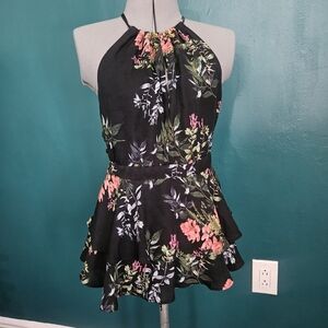 Parker Black Top with Pink and Green Floral Design